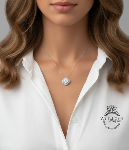 Collana con trifoglio di diamanti, collana con ciondolo aureola di diamanti, ciondolo con pietra portafortuna quadrifoglio, ciondolo a croce con collana di fiori in oro bianco 18 carati