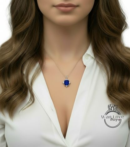 Vintage Emerald Cut Blue Sapphire Pendant, Milgrain Halo Charm Pendant, Wedding Pendant, Anniversary Gift, Unique Birthstone Pendant