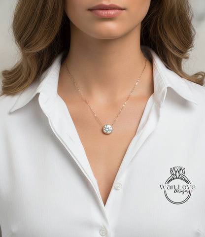 Moissanite Milgrain Bezel Round cut Necklace Solitaire Charm Thin Chain, 2ct, 8mm, Custom, Wedding,Aniversary Gift, Commitment-Faster Ship