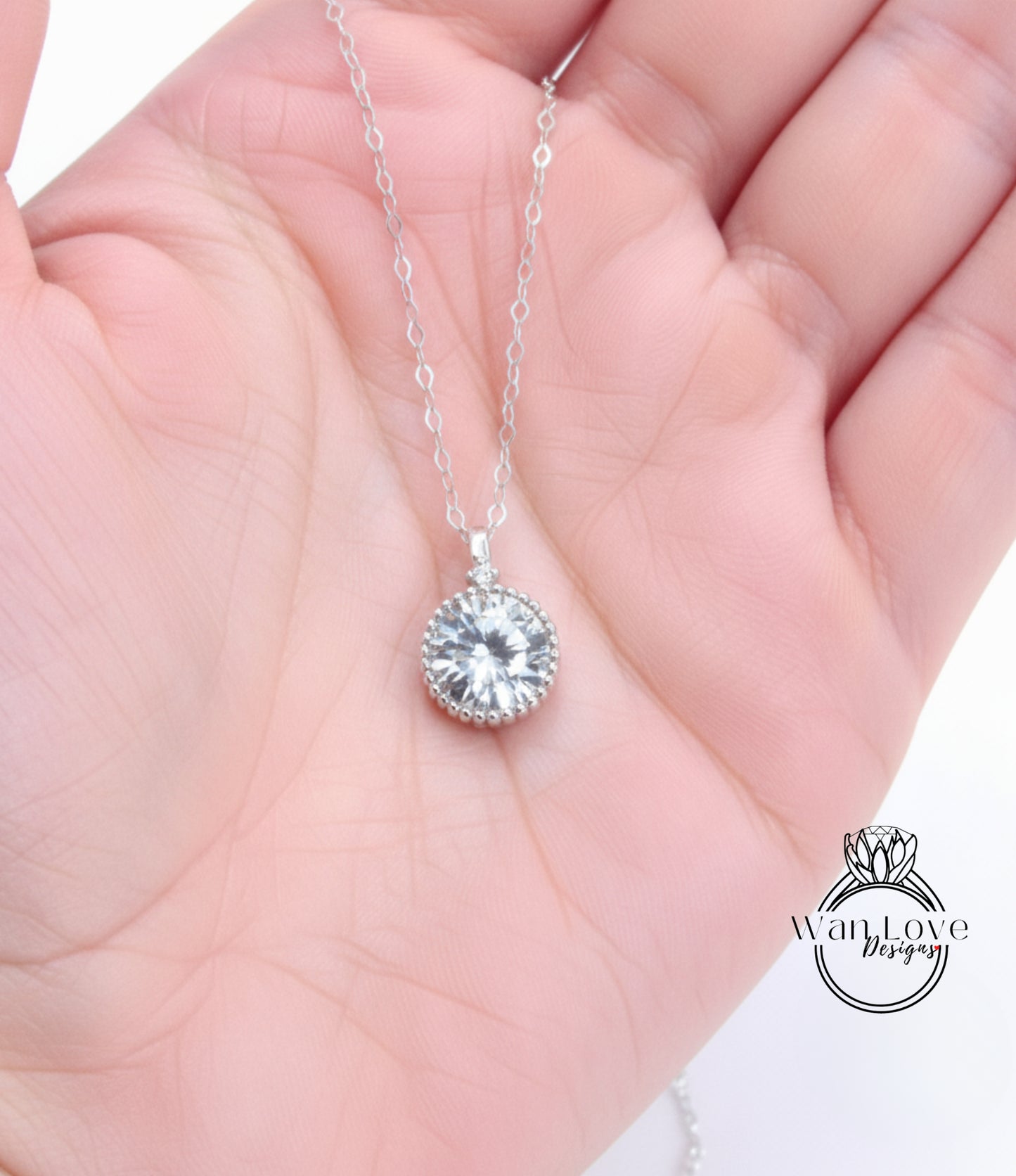 Moissanite White Blue Pink Sapphire Emerald Diamond Round Milgrain Bezel Charm Necklace Thin Chain Custom Wedding Anniversary Gift