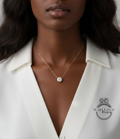 Moissanite Milgrain Bezel Round cut Necklace Solitaire Charm Thin Chain, 2ct, 8mm, Custom, Wedding,Aniversary Gift, Commitment-Faster Ship