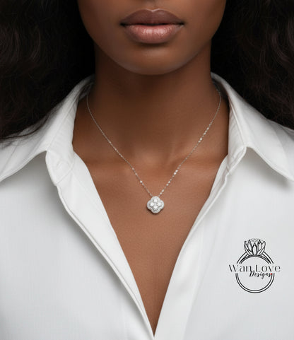 Collana con trifoglio di diamanti, collana con ciondolo aureola di diamanti, ciondolo con pietra portafortuna quadrifoglio, ciondolo a croce con collana di fiori in oro bianco 18 carati
