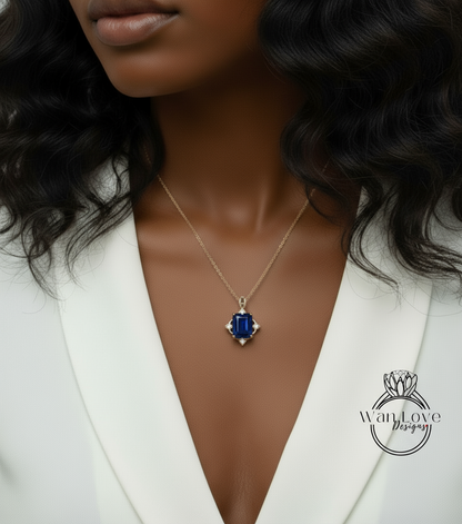 Vintage Emerald Cut Blue Sapphire Pendant, Milgrain Halo Charm Pendant, Wedding Pendant, Anniversary Gift, Unique Birthstone Pendant