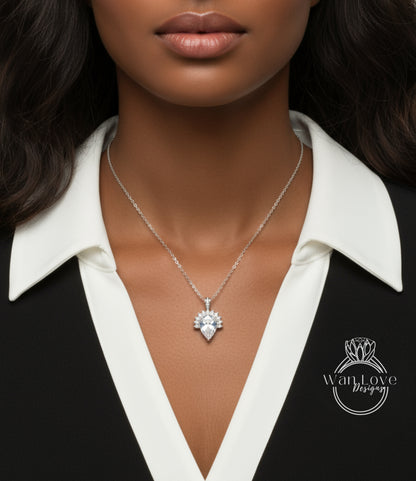 Diamond Semi Bezel Half Halo Moissante Pendant, Pear Cut Moissanite Pendant,14k Gold Necklace, Rose Gold Necklace, Wedding Anniversary Gift