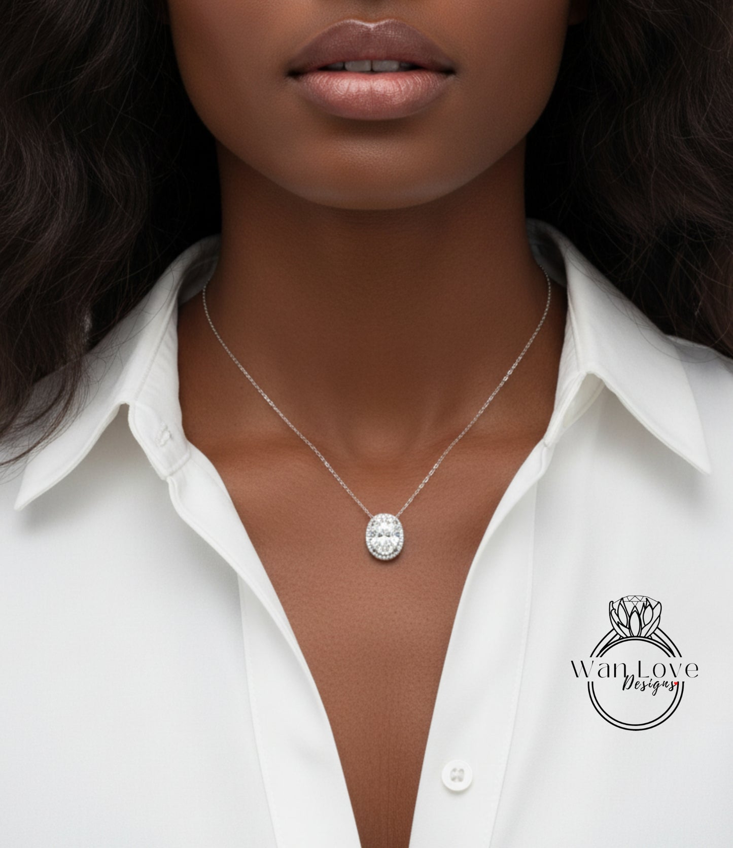 White Sapphire East West necklace 4ct Vertical Oval Halo Pendant Necklace white gold oval halo Charm chain Anniversary wedding gift for her