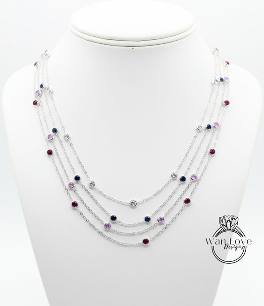 Ready 10 Station Moissanite Ruby Pink or Blue Sapphire Necklace / 1 Carat Diamond By the Yard Necklace / Birthstone Bezel Set Necklace /Gift