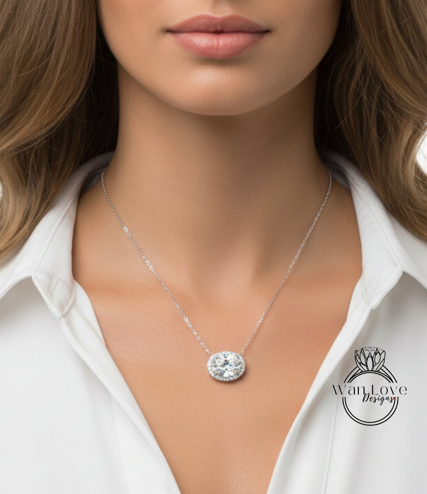 White Sapphire East West necklace 4ct Vertical Oval Halo Pendant Necklace white gold oval halo Charm chain Anniversary wedding gift for her