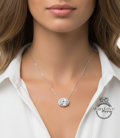 White Sapphire East West necklace 4ct Vertical Oval Halo Pendant Necklace white gold oval halo Charm chain Anniversary wedding gift for her