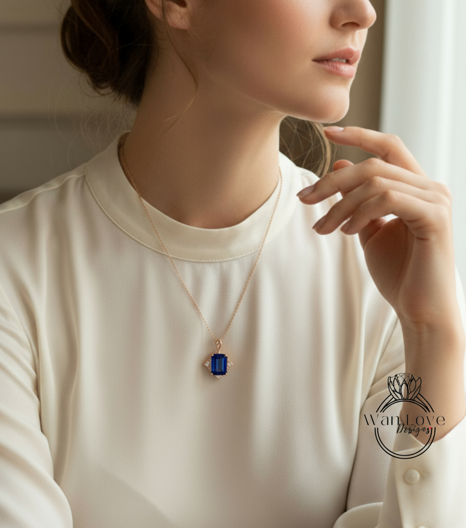 Vintage Emerald Cut Blue Sapphire Pendant, Milgrain Halo Charm Pendant, Wedding Pendant, Anniversary Gift, Unique Birthstone Pendant