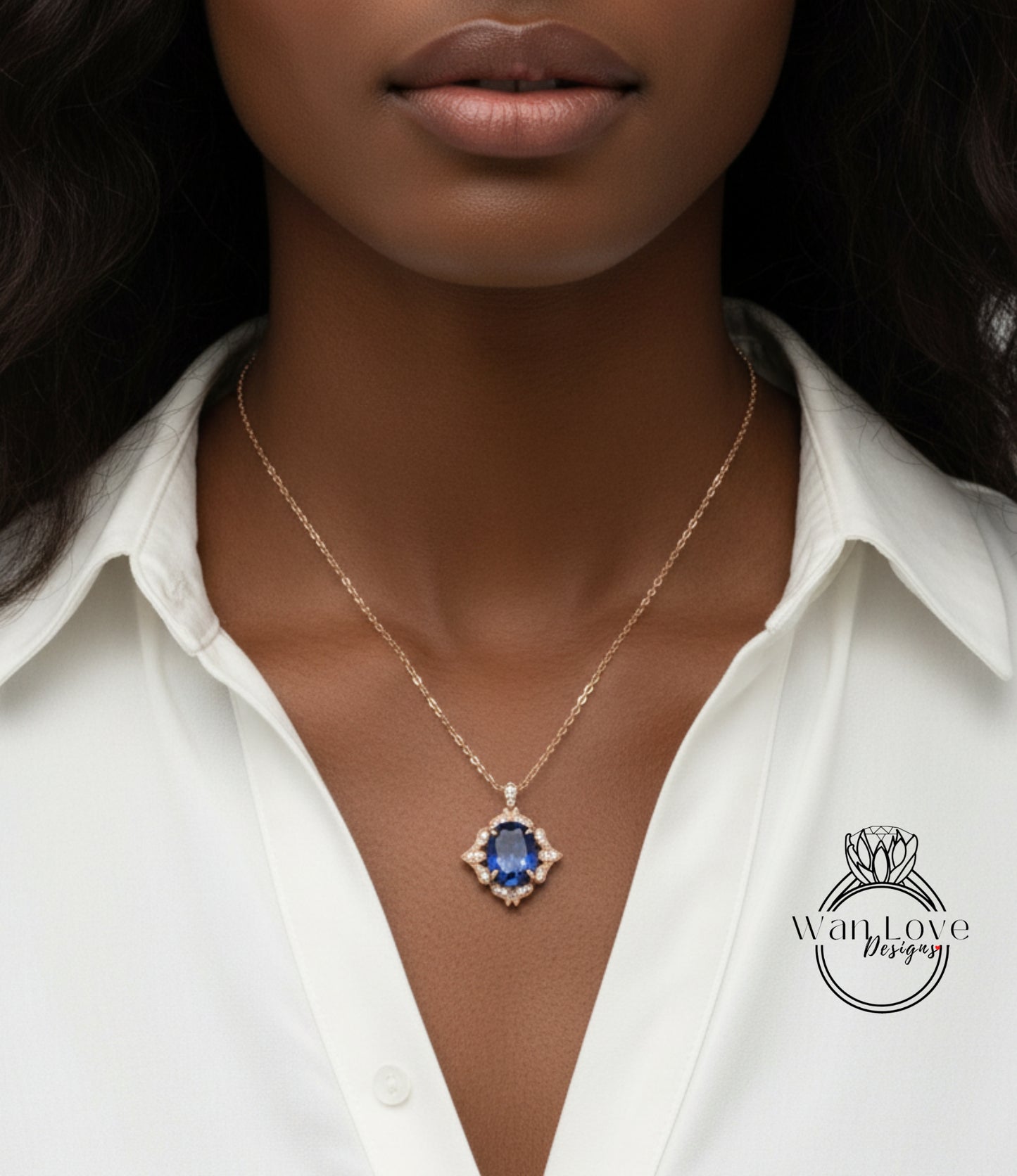 Luxury Blue Sapphire Charm, Oval Cut Blue Sapphire Milgrain Diamond Halo Necklace, Birthstone Pendant, Diamond Wedding Charm Gift For Her
