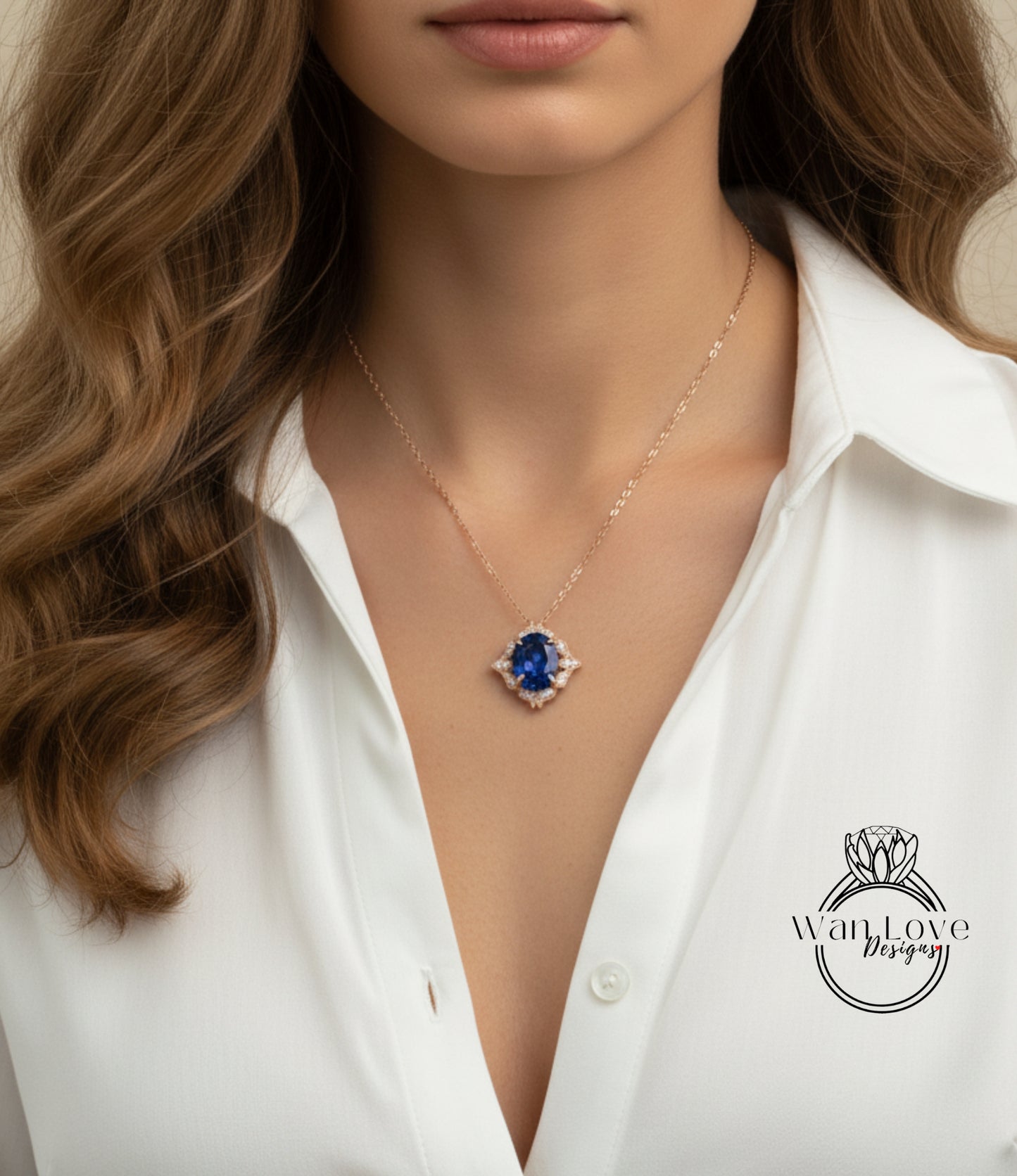 Luxury Blue Sapphire Charm, Oval Cut Blue Sapphire Milgrain Diamond Halo Necklace, Birthstone Pendant, Diamond Wedding Charm Gift For Her