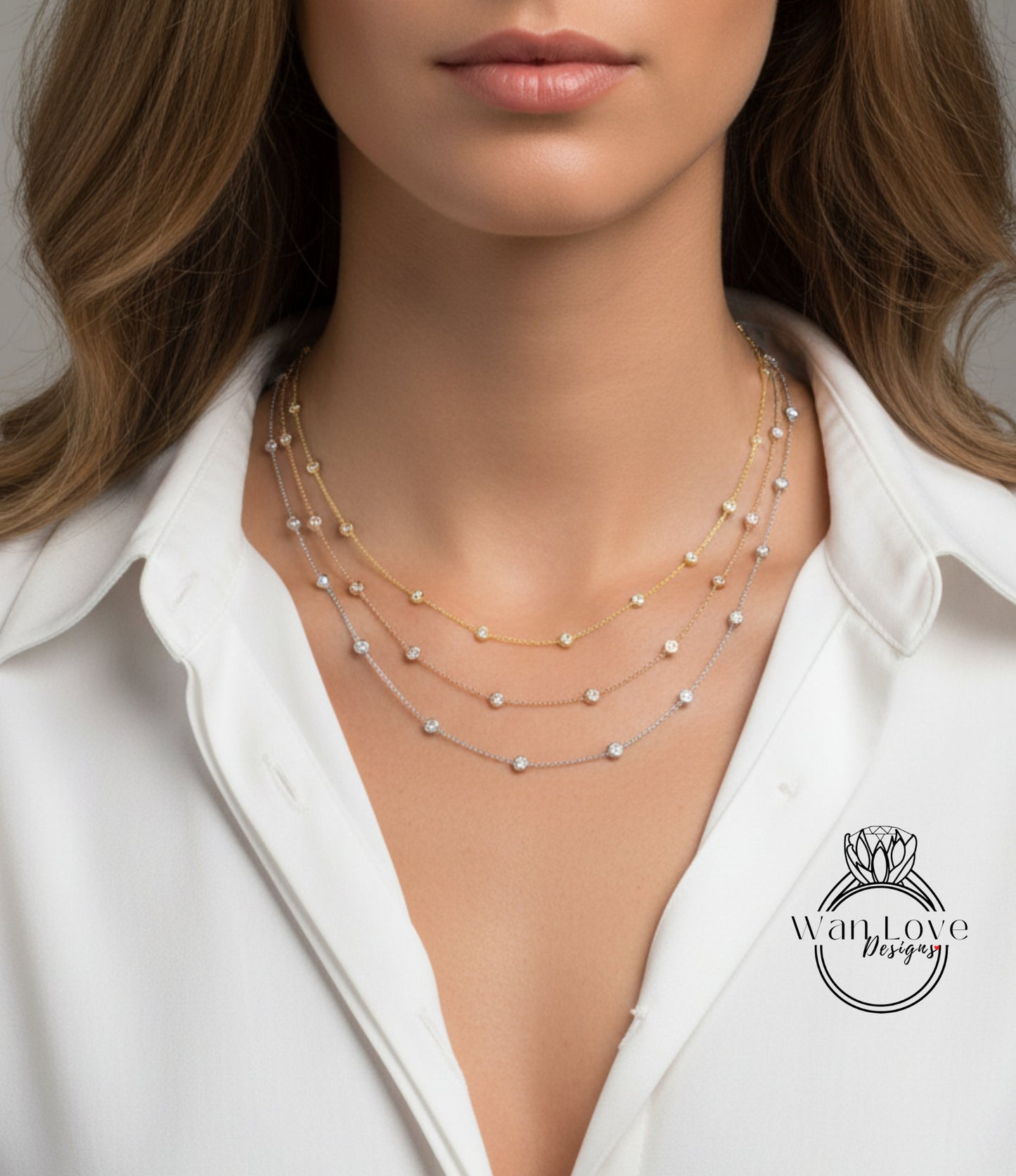 Diamond By the Yard Necklace, 10 Bezel Diamond Station Necklace / Gold Diamond Necklace, 1 Carat Birthstone Bezel Set Necklace, Bridal Wedding Jewelry, Anniversary Gift for her