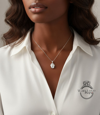 Pear & Diamond Semi Bezel Halo Moissanite Pendant Necklace 14k Gold, Half Halo Pear Cut Pendent, Solitaire Pendent, Women's Semi Bezel Necklace, Holiday Gift