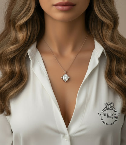 White Sapphire Emerald Antique Vintage Style Ornate Pendant Necklace 4ct 10x8mmm Custom Rose or White Gold Anniversary Gift Ready to Ship