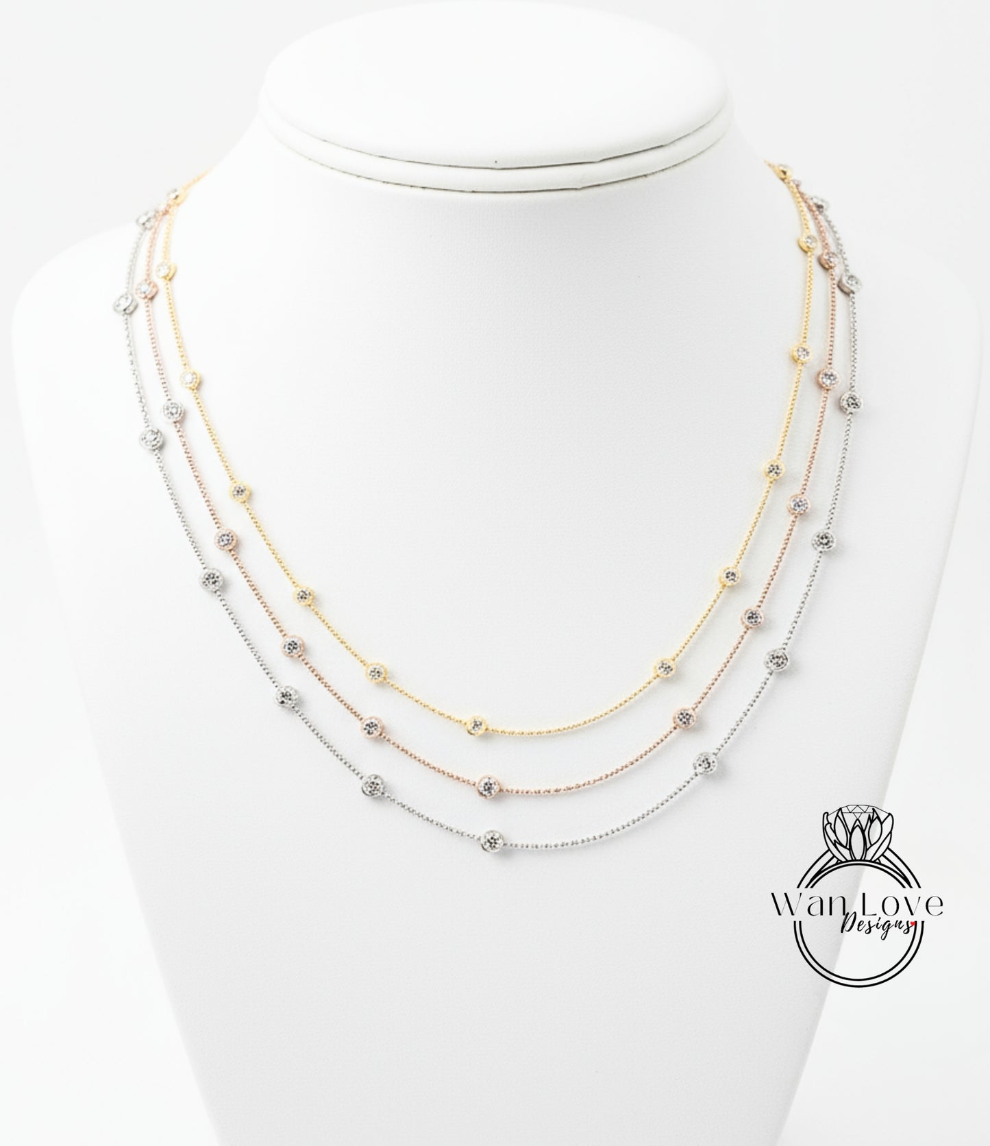 Diamond By the Yard Necklace, 10 Bezel Diamond Station Necklace / Gold Diamond Necklace, 1 Carat Birthstone Bezel Set Necklace, Bridal Wedding Jewelry, Anniversary Gift for her