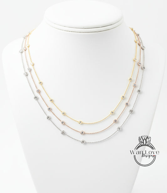 Diamond By the Yard Necklace / 10 Diamond Station Necklace / 14k Rose Gold Diamond Necklace/ 1 Carat Birthstone Bezel Set Necklace Gift her