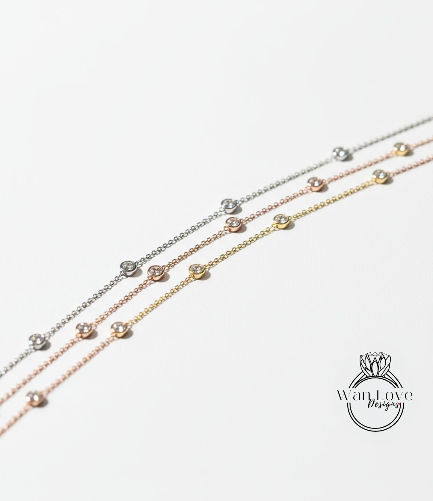 Diamond By the Yard Necklace, 10 Bezel Diamond Station Necklace / Gold Diamond Necklace, 1 Carat Birthstone Bezel Set Necklace, Bridal Wedding Jewelry, Anniversary Gift for her