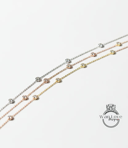 Diamond By the Yard Necklace, 10 Bezel Diamond Station Necklace / Gold Diamond Necklace, 1 Carat Birthstone Bezel Set Necklace, Bridal Wedding Jewelry, Anniversary Gift for her