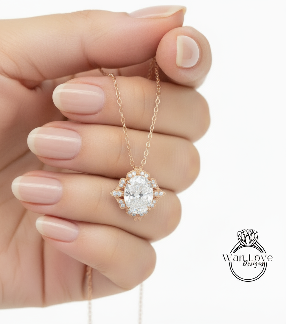 Diamond Antique Oval Cut Pendant, Milgrain Halo Pendant, Charm Pendant, Bridal Wedding jewelry Pendant, Anniversary Gift,Unique Birthstone Pendant