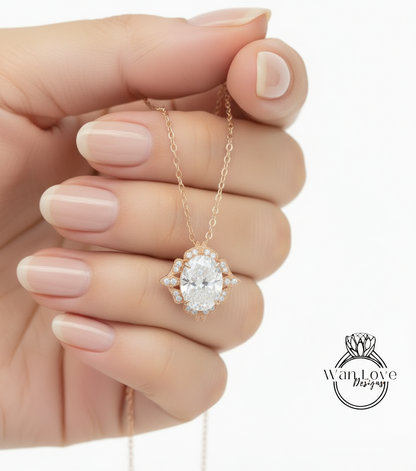 Diamond Antique Oval Cut Pendant, Milgrain Halo Pendant, Charm Pendant, Bridal Wedding jewelry Pendant, Anniversary Gift,Unique Birthstone Pendant