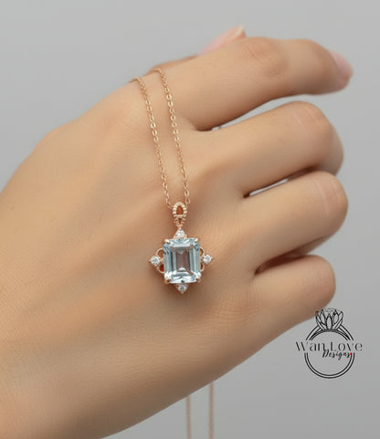 White Sapphire Emerald Antique Vintage Style Ornate Pendant Necklace 4ct 10x8mmm Custom Rose or White Gold Anniversary Gift Ready to Ship