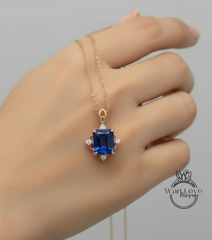 Vintage Emerald Cut Blue Sapphire Pendant, Milgrain Halo Charm Pendant, Wedding Pendant, Anniversary Gift, Unique Birthstone Pendant