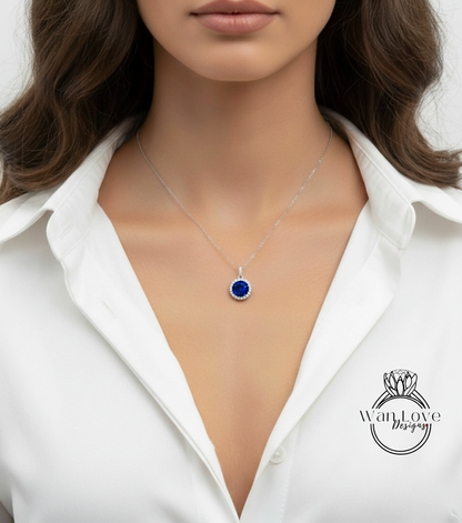 Blue Sapphire & Diamond Halo Necklace, Round Diamond Halo Necklace, Round Halo Moissanite Necklace, Birthstone Necklace, Bridal Wedding jewelry, Anniversary Gift for her