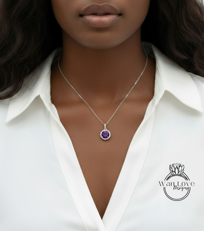 14K White Gold /Round Halo Necklace /Round Alexandrite and Diamond Necklace /Layering Diamond Necklace /Dainty Diamond Necklace/Gift for her