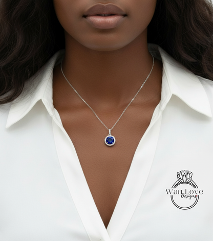 Blue Sapphire & Diamond Halo Necklace, Round Diamond Halo Necklace, Round Halo Moissanite Necklace, Birthstone Necklace, Bridal Wedding jewelry, Anniversary Gift for her