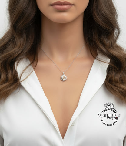 Champagne Moissanite Halo Necklace, Round cut Halo Necklace, White Gold Moissanite Halo Charm, Birthday Gift, Gift For Her, Ready-To-Ship