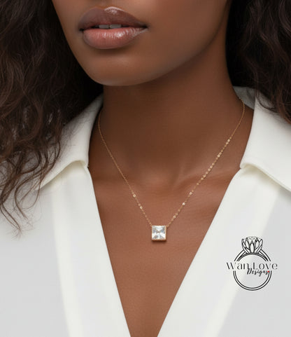 Diamond Princess Bezel Vintage Solitaire Necklace, Birthstone Solitaire Necklace, Solitaire Pendant, 14K Gold Princess Milgrain Moissanite Necklace