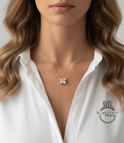 Diamond Princess Bezel Vintage Solitaire Necklace, Birthstone Solitaire Necklace, Solitaire Pendant, 14K Gold Princess Milgrain Moissanite Necklace