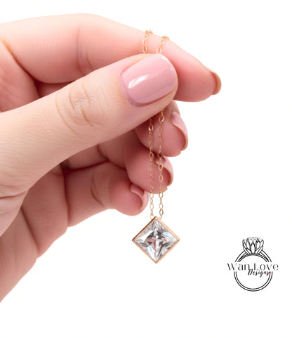 Diamond Princess Bezel Vintage Solitaire Necklace, Birthstone Solitaire Necklace, Solitaire Pendant, 14K Gold Princess Milgrain Moissanite Necklace