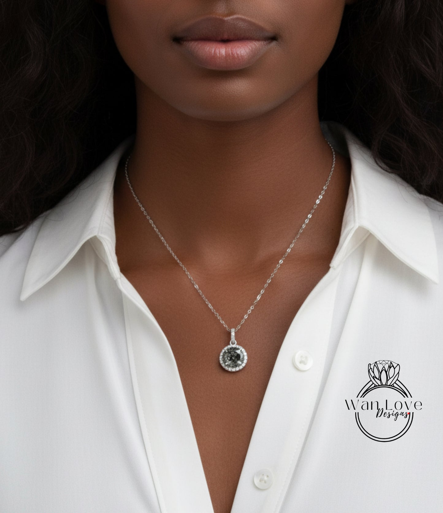 Round Salt & Pepper Diamond Necklace, 18K White Gold Diamond Halo Necklace, Halo Diamond Necklace, Round Diamond Pendant Fine Quality