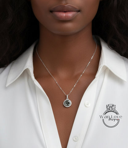 Round Salt & Pepper Diamond Necklace, 18K White Gold Diamond Halo Necklace, Halo Diamond Necklace, Round Diamond Pendant Fine Quality