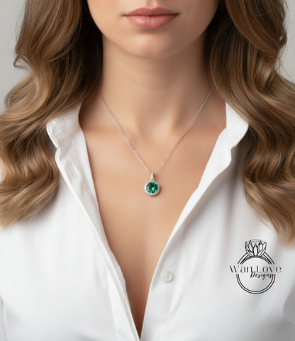 Collana di smeraldi personalizzata - Collana di pietre portafortuna fatta a mano - Gioielli in oro bianco 14k per donne - Collana di diamanti delicati Halo per lei