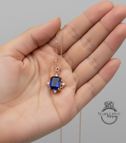 Vintage Emerald Cut Blue Sapphire Pendant, Milgrain Halo Charm Pendant, Wedding Pendant, Anniversary Gift, Unique Birthstone Pendant