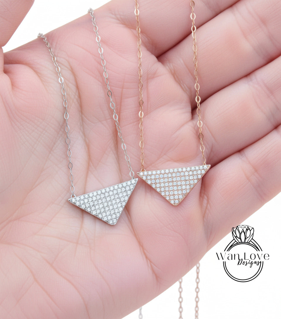 Moissanite Pave Triangle Layering Necklace Charm Art Deco round cut pave moissanite Charm necklace White or Rose Gold dainty chain, Ready