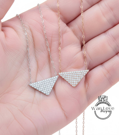 Moissanite Pave Triangle Layering Necklace Charm Art Deco round cut pave moissanite Charm necklace White or Rose Gold dainty chain, Ready