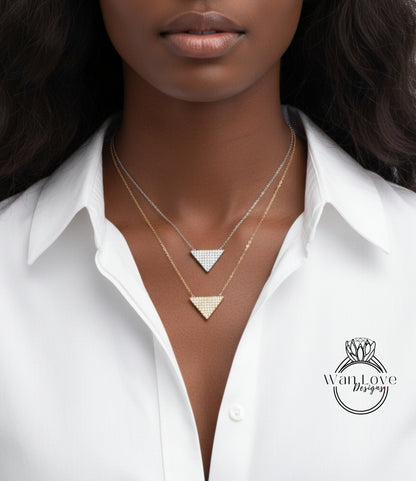 Moissanite Pave Triangle Layering Necklace Charm Art Deco round cut pave moissanite Charm necklace White or Rose Gold dainty chain, Ready