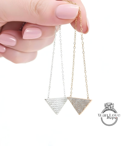 Moissanite Pave Triangle Layering Necklace Charm Art Deco round cut pave moissanite Charm necklace White or Rose Gold dainty chain, Ready