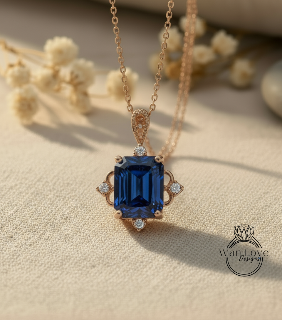 Vintage Emerald Cut Blue Sapphire Pendant, Milgrain Halo Charm Pendant, Wedding Pendant, Anniversary Gift, Unique Birthstone Pendant