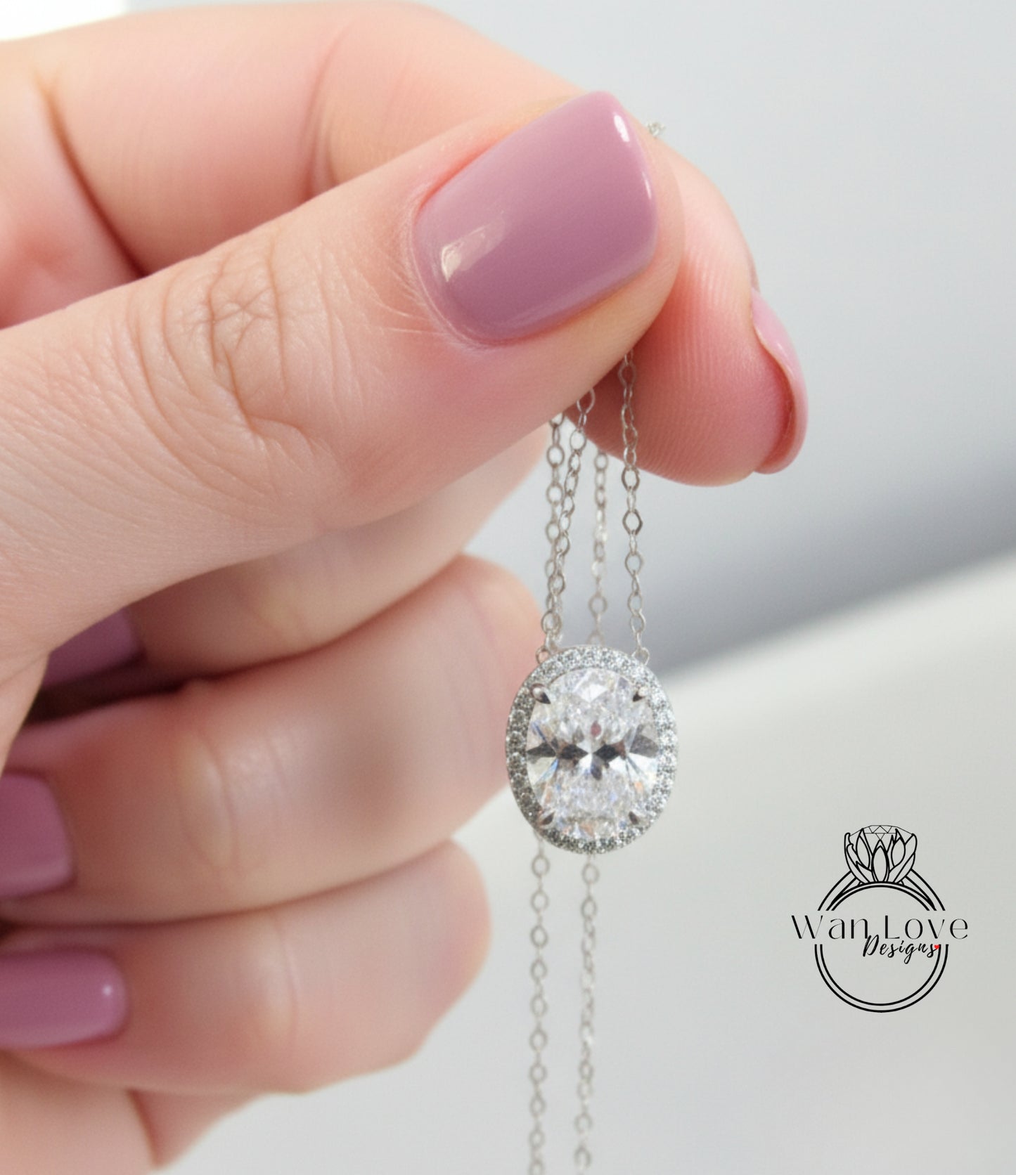 Oval Moissanite Necklace, Oval Diamond Halo Pendant, East West or Vertical charm, Birthstone Choice Womens Necklace, Special Gift For Her.