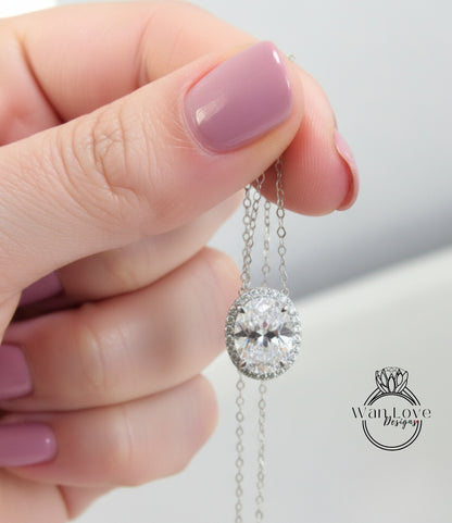 Oval Moissanite Necklace, Oval Diamond Halo Pendant, East West or Vertical charm, Birthstone Choice Womens Necklace, Special Gift For Her.