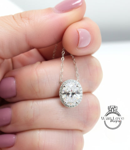 Oval Moissanite Necklace, Oval Diamond Halo Pendant, East West or Vertical charm, Birthstone Choice Womens Necklace, Special Gift For Her.