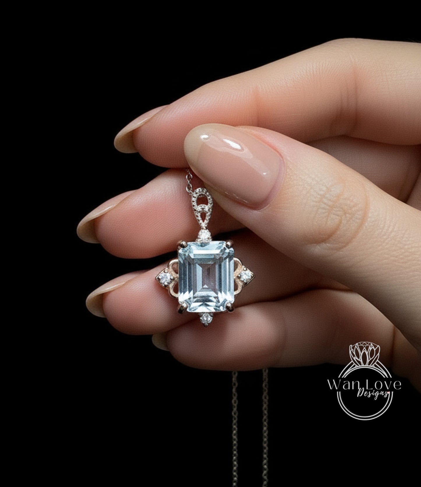 White Sapphire Emerald Antique Vintage Style Ornate Pendant Necklace 4ct 10x8mmm Custom Rose or White Gold Anniversary Gift Ready to Ship