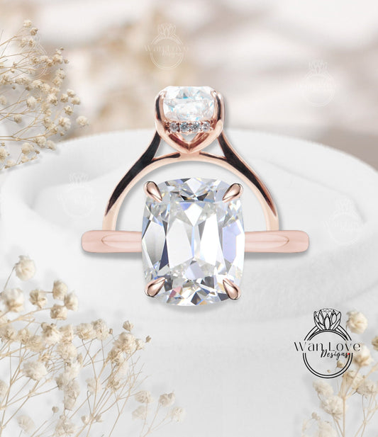 OMC Moissanite Engagement Ring Radiant Side Halo Diamond gold Ring Art Deco Old Mine cut taper Wedding Bridal Ring Anniversary Promise Ring Wan Love Designs
