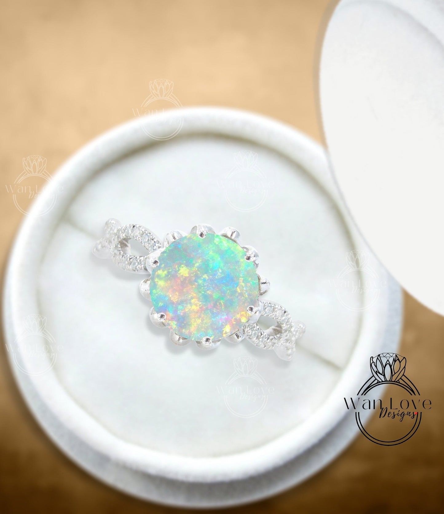 Opal engagement ring vintage Lotus flower two row ring Diamond twisted ring rose gold unique floral Bridal Promise Anniversary ring Wan Love Designs