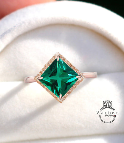 Anello aureola con diamante aquilone, anello con diamante smeraldo, anello di fidanzamento geometrico, anello con pietra preziosa verde a fascia semplice con aquilone