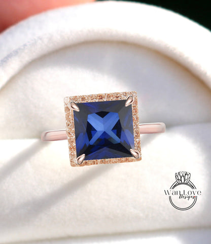 Blue Sapphire & Diamond Princess Halo Engagement Ring Plain Shank Cathedral 14k 18k Gold Platinum Wedding Square, WanLoveDesigns